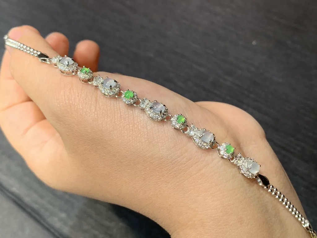 High-Icy Glowing Natural Jadeite Cabochon Bracelet — S925 Silver · No. B86F (photo 2)