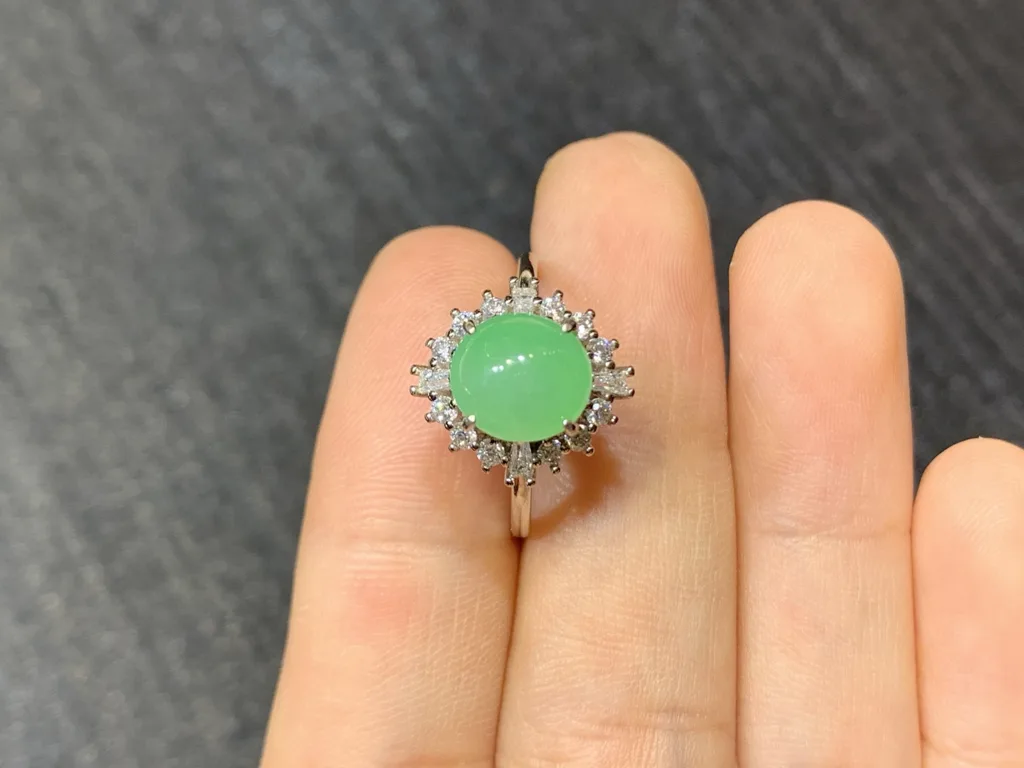 Icy Soft Vivid Green Natural Jadeite Cabochon Ring — S925 Silver · No. 6C8F (photo 3)