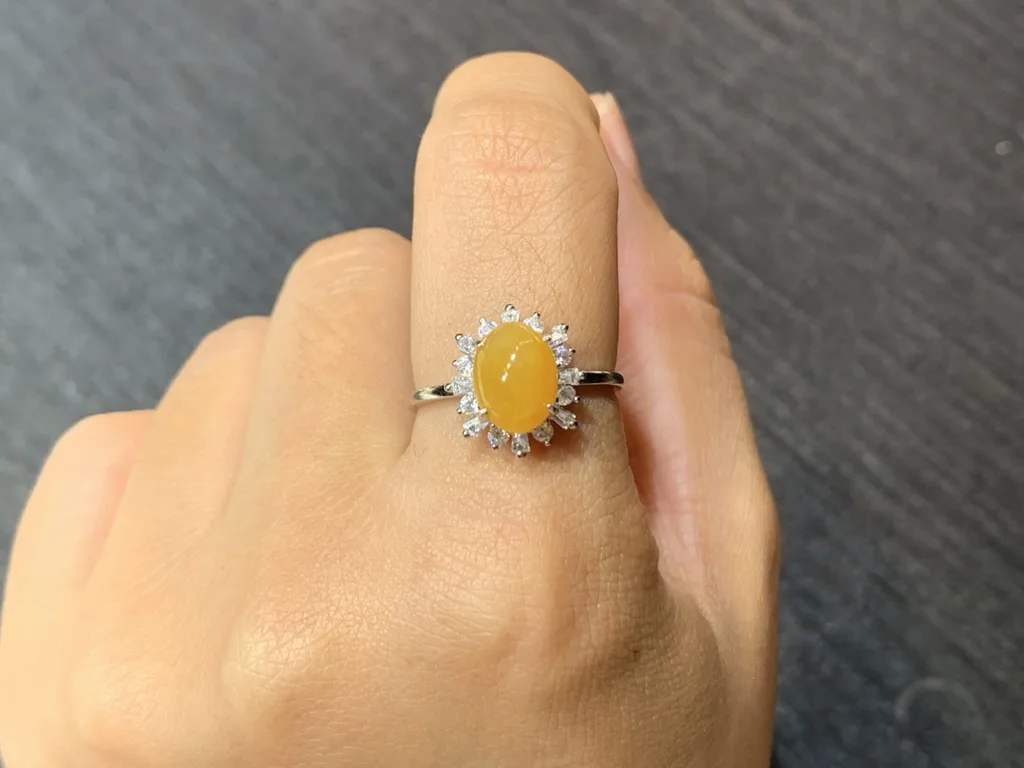 Icy Honey Yellow Natural Jadeite Cabochon Ring — S925 Silver · No. 1A3A (photo 5)