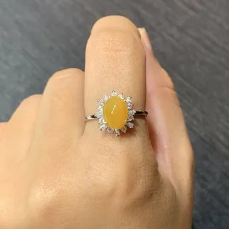 Icy Honey Yellow Natural Jadeite Cabochon Ring — S925 Silver · No. 1A3A (photo 5)
