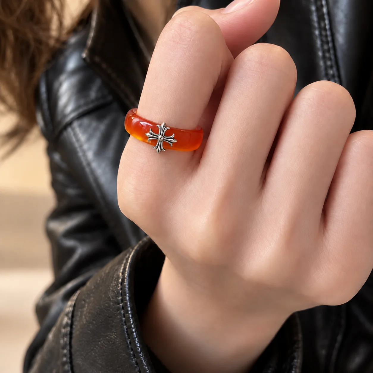 Natural Chalcedony Band Ring with Cross Charm · No. 2442
