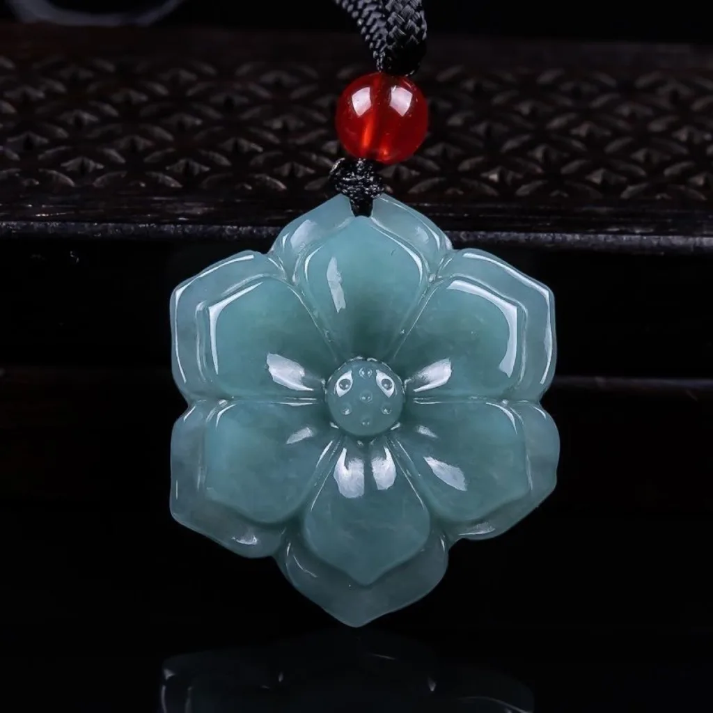 Grade A Blue Water Flower Carved Natural Jadeite Pendant · No. 2973