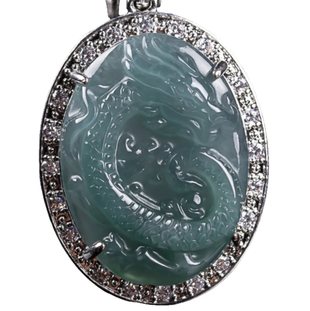 Grade A Blue Water Dragon Carved Natural Jadeite Pendant Halo Setting · No. FF2E