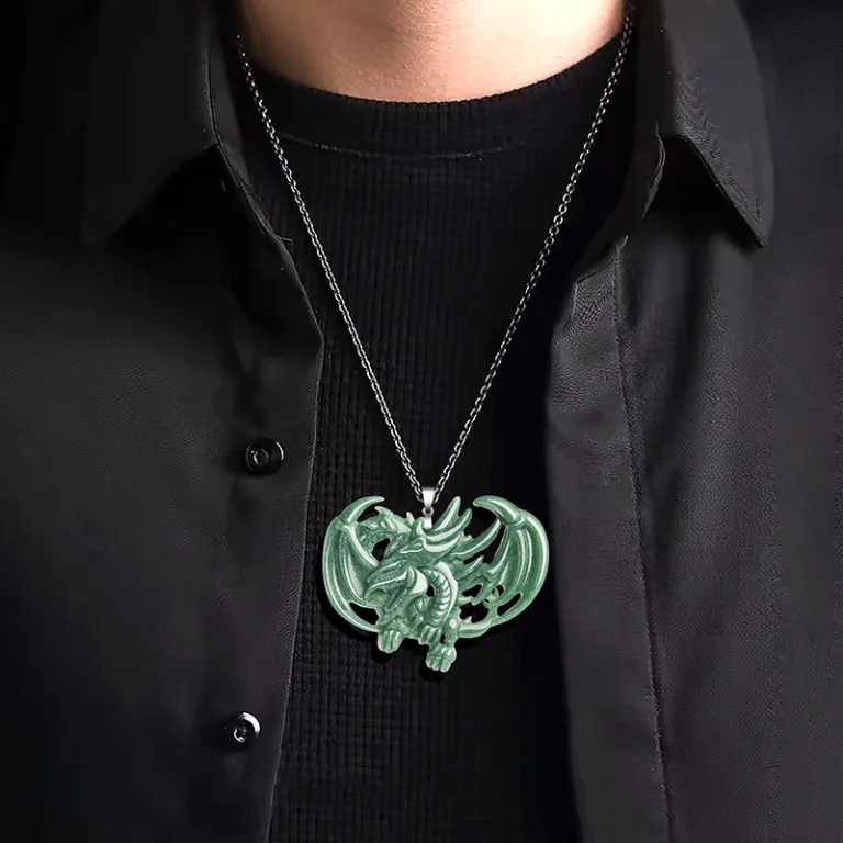 Grade A Pea Green Slifer the Sky Dragon Natural Jadeite Pendant with Steel Chain · No. 53ED
