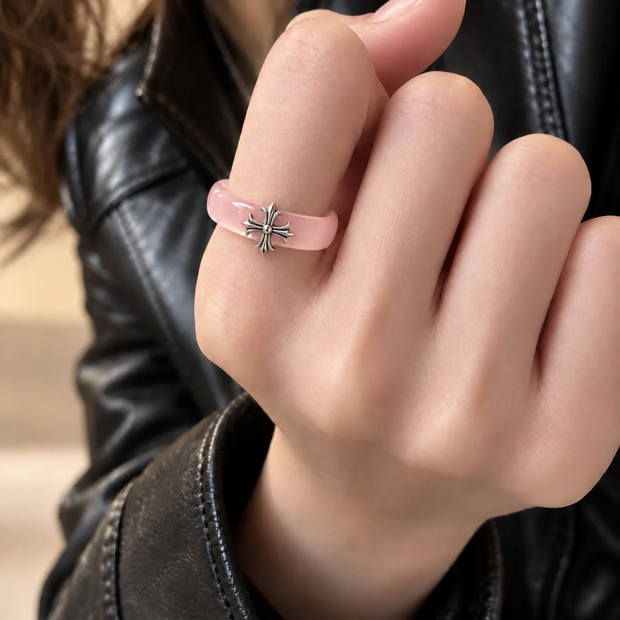 Natural Chalcedony Band Ring with Cross Charm · No. 2442