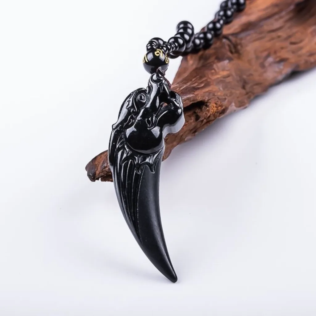Grade A Black Jadeite Dragon Fang Pendant with Black Bead Chain · No. 10E480