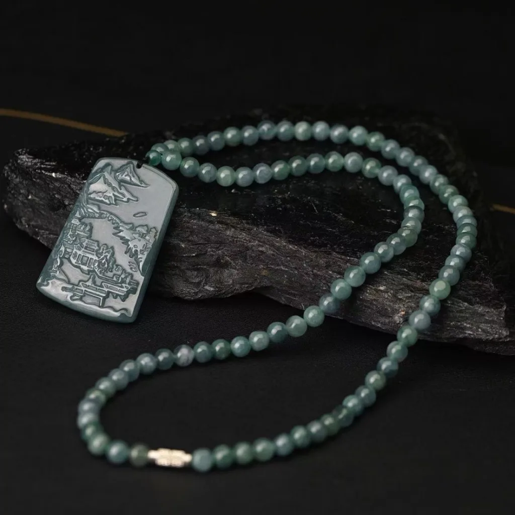 Grade A Blue Water Landscape Carved Natural Jadeite Plaque Pendant · No. AF21