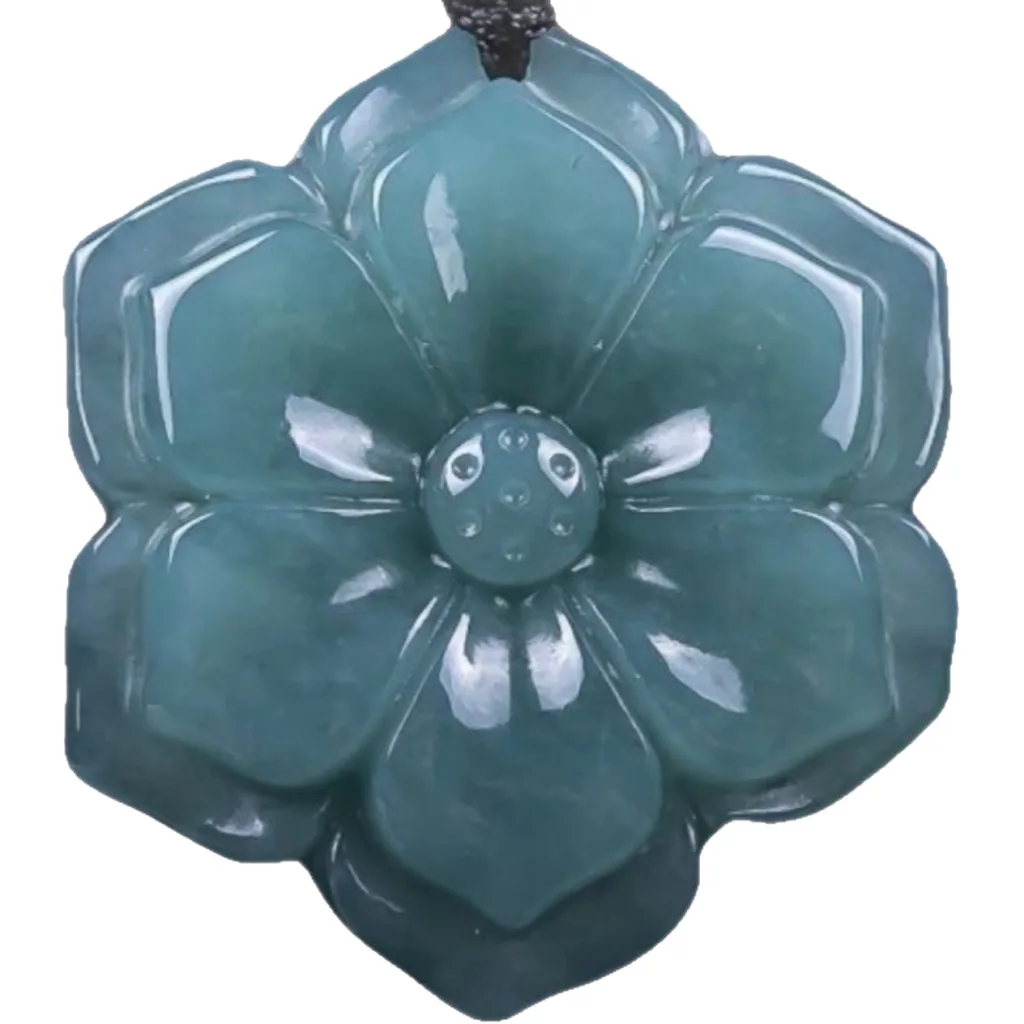 Grade A Blue Water Flower Carved Natural Jadeite Pendant · No. 2973
