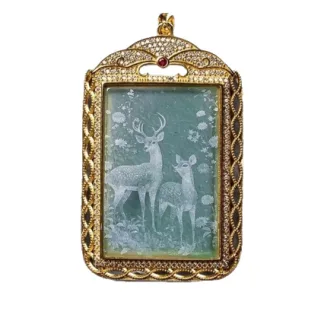 Grade A Deer Shadow Carved Natural Jadeite Plaque Pendant Gold Tone Setting · No. 212F