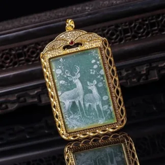 Grade A Deer Shadow Carved Natural Jadeite Plaque Pendant Gold Tone Setting · No. 212F