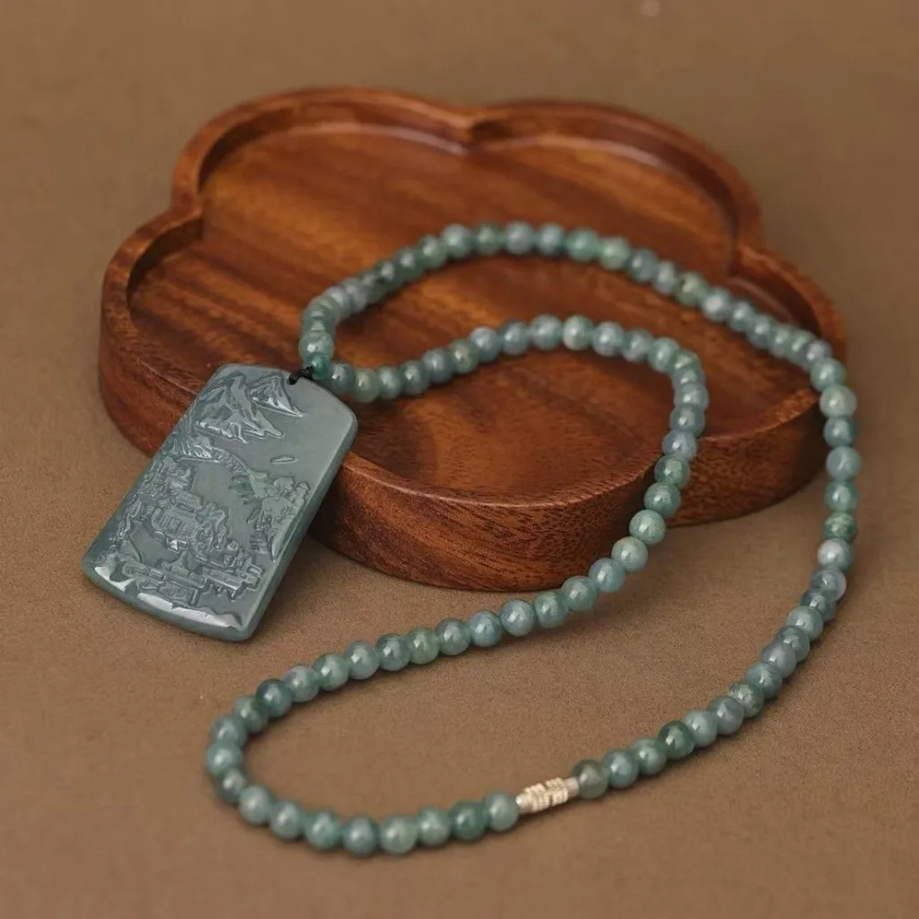 Grade A Blue Water Landscape Carved Natural Jadeite Plaque Pendant · No. AF21