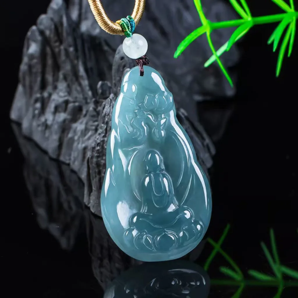 Grade A Blue Water Seated Buddha Carved Natural Jadeite Pendant · No. 7330