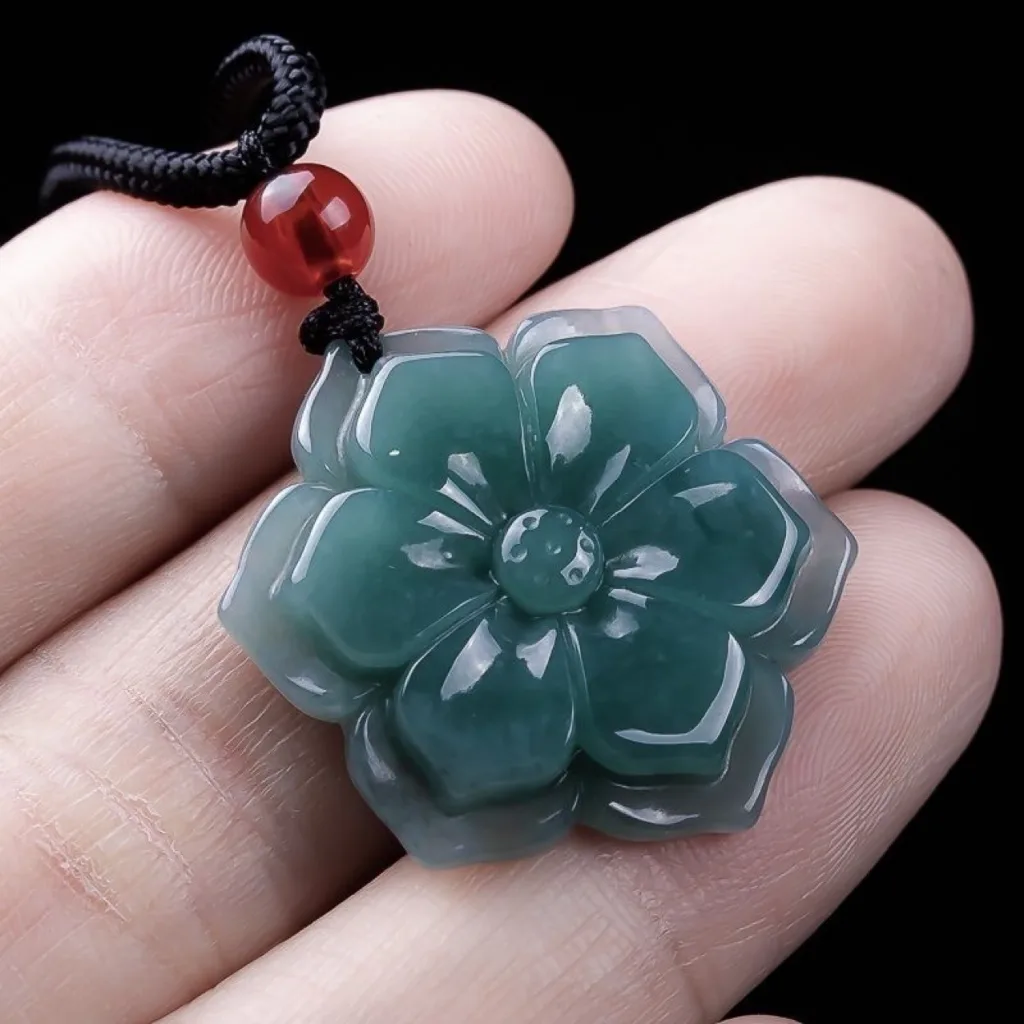 Grade A Blue Water Flower Carved Natural Jadeite Pendant · No. 2973