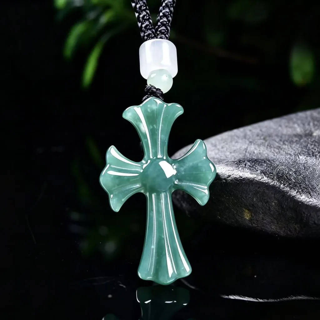 Grade A Blue Water Cross Natural Jadeite Pendant on Braided Cord · No. E289