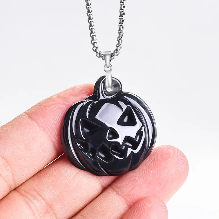 Grade A Black Halloween Pumpkin Natural Jadeite Pendant with Steel Chain · No. DAA9