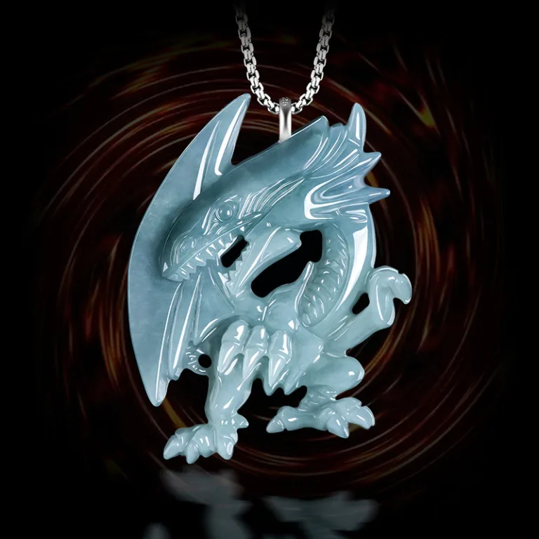 Grade A Blue Water Blue Eyes White Dragon Natural Jadeite Pendant with Steel Chain · No. 583E