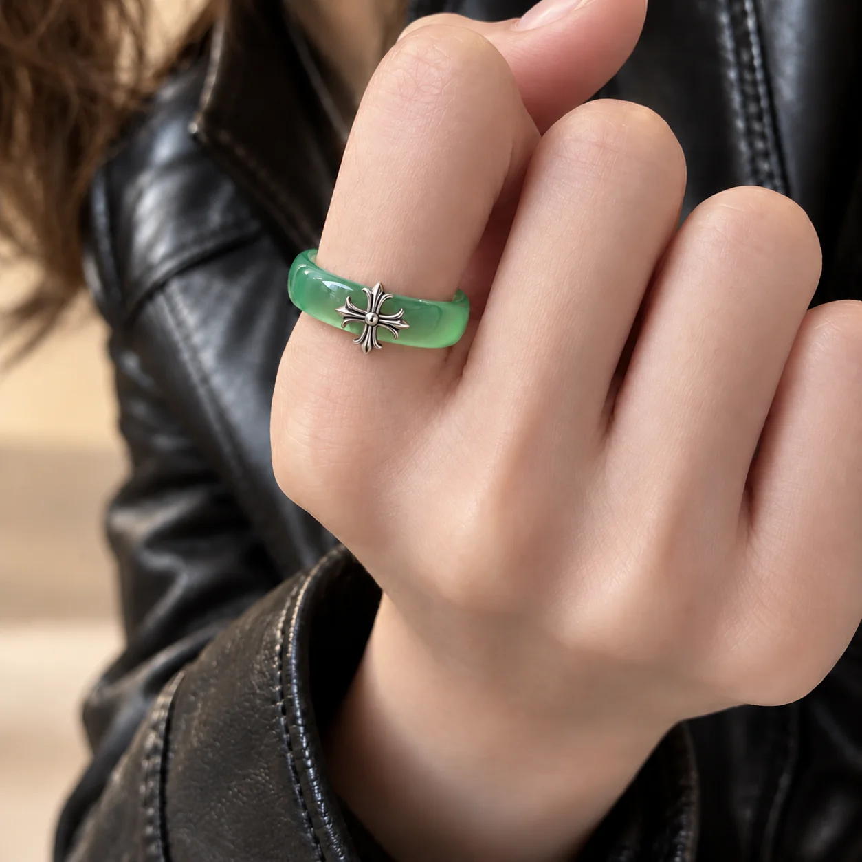 Natural Chalcedony Band Ring with Cross Charm · No. 2442