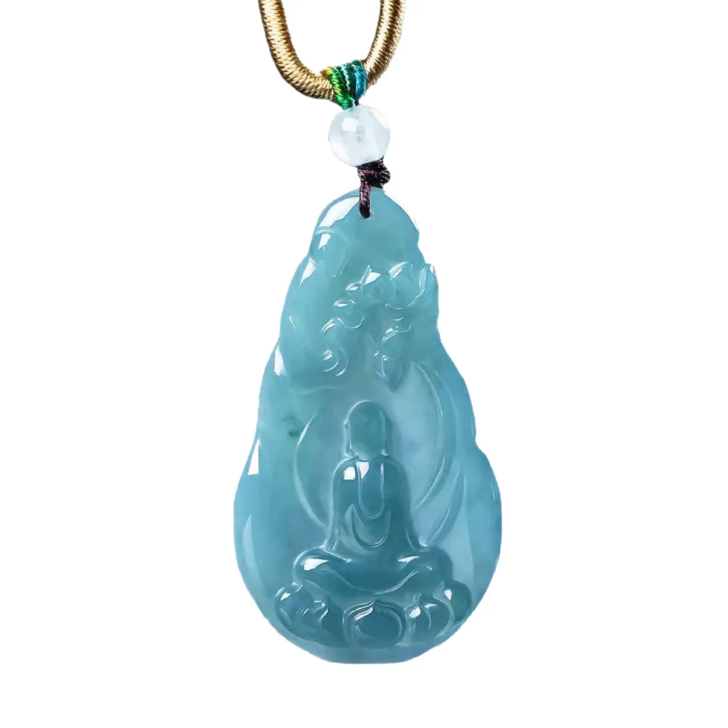 Grade A Blue Water Seated Buddha Carved Natural Jadeite Pendant · No. 7330