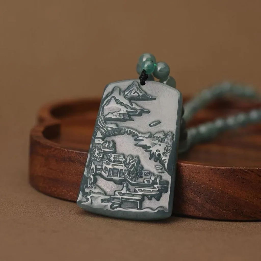 Grade A Blue Water Landscape Carved Natural Jadeite Plaque Pendant · No. AF21