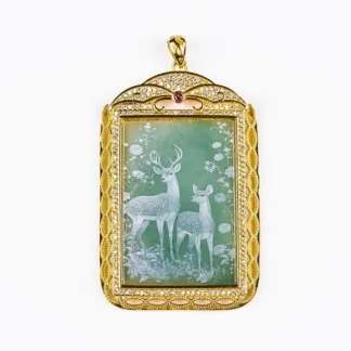 Grade A Deer Shadow Carved Natural Jadeite Plaque Pendant Gold Tone Setting · No. 212F