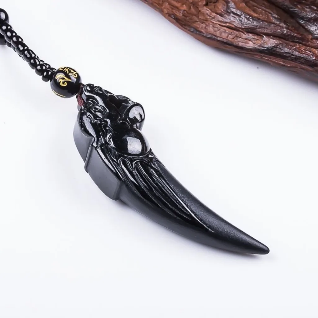 Grade A Black Jadeite Dragon Fang Pendant with Black Bead Chain · No. 10E480
