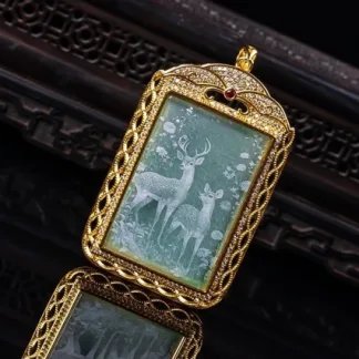 Grade A Deer Shadow Carved Natural Jadeite Plaque Pendant Gold Tone Setting · No. 212F