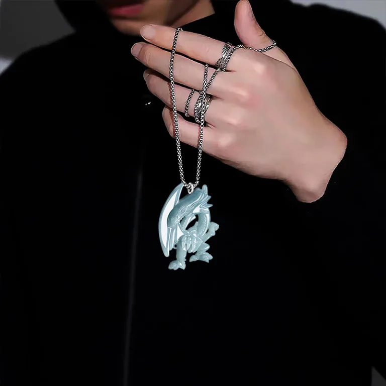 Grade A Blue Water Blue Eyes White Dragon Natural Jadeite Pendant with Steel Chain · No. 583E