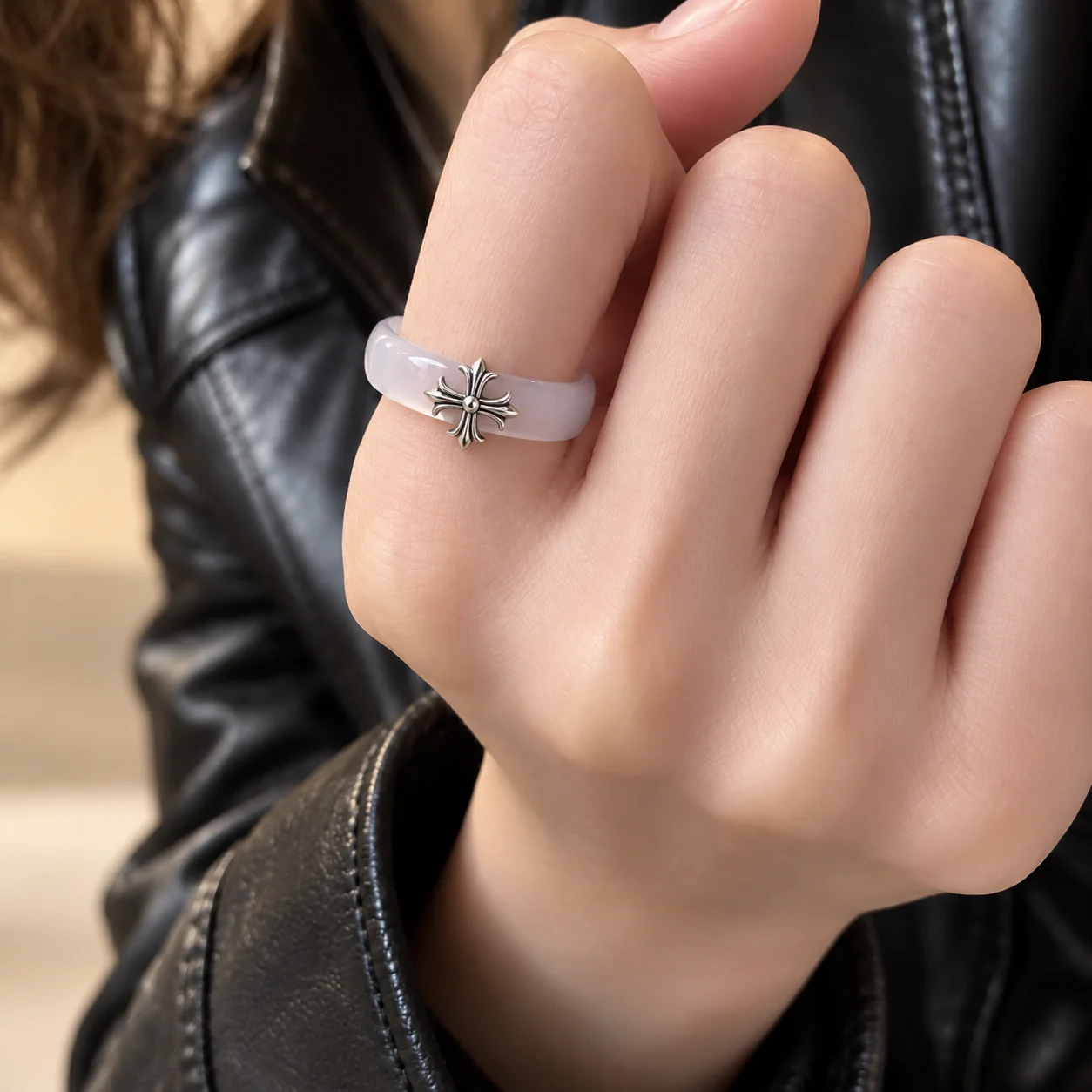 Natural Chalcedony Band Ring with Cross Charm · No. 2442