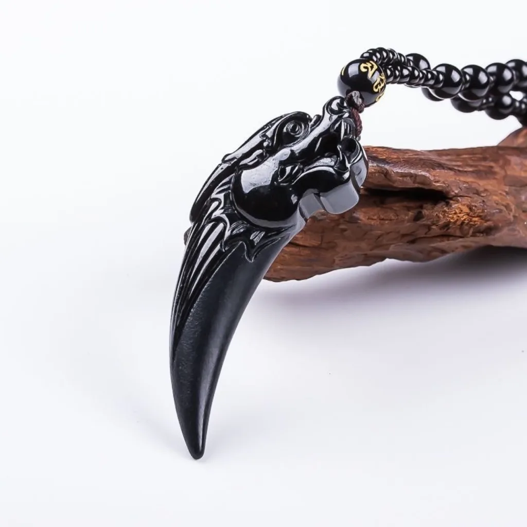 Grade A Black Jadeite Dragon Fang Pendant with Black Bead Chain · No. 10E480