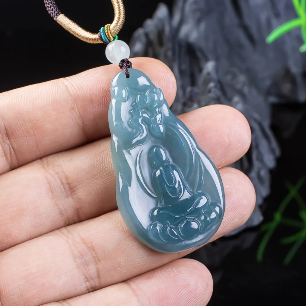 Grade A Blue Water Seated Buddha Carved Natural Jadeite Pendant · No. 7330