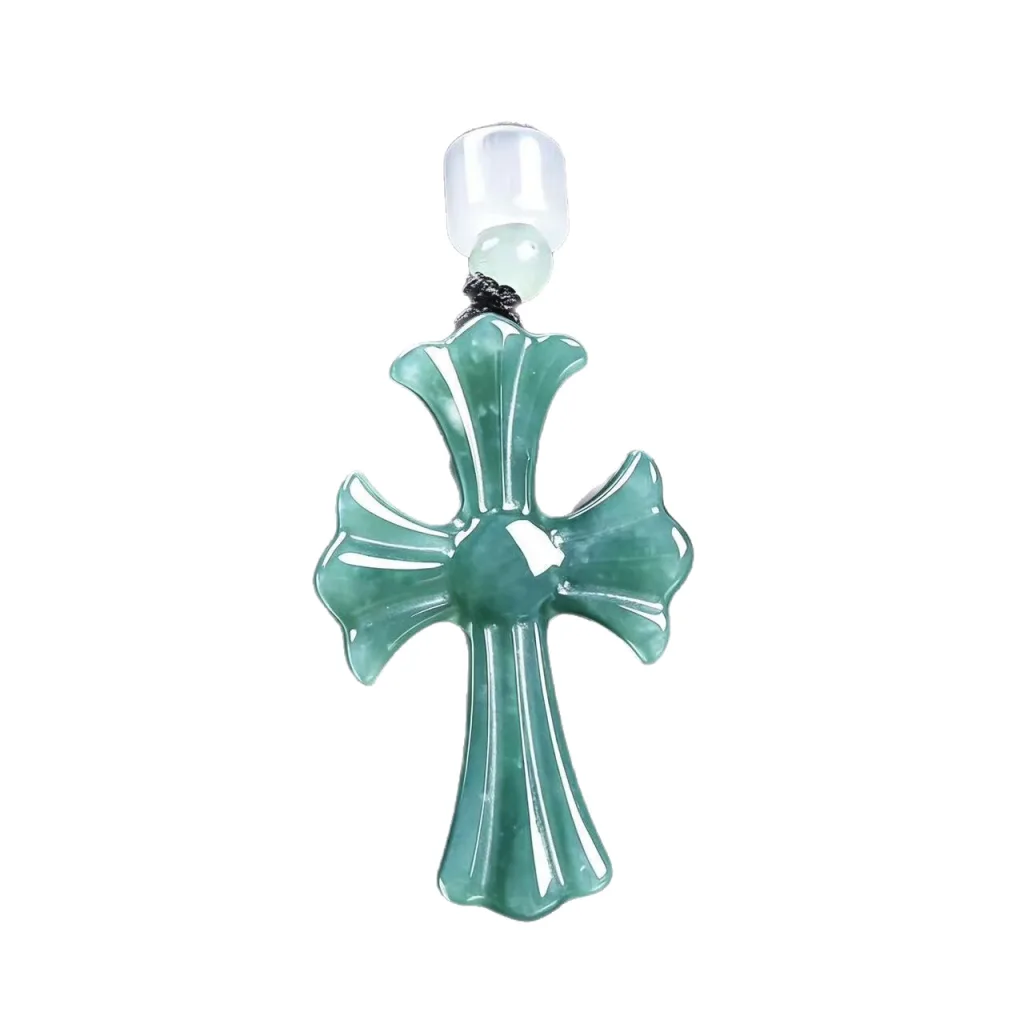 Grade A Blue Water Cross Natural Jadeite Pendant on Braided Cord · No. E289