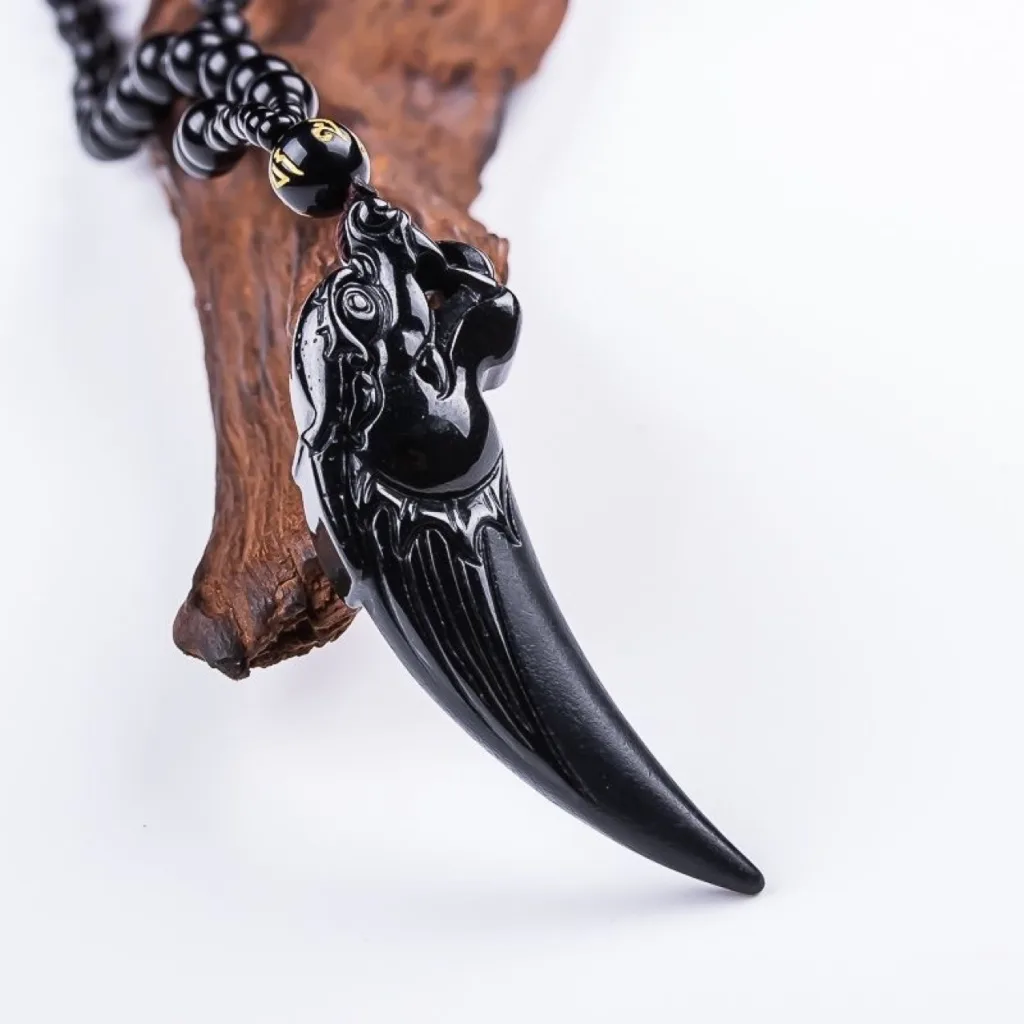 Grade A Black Jadeite Dragon Fang Pendant with Black Bead Chain · No. 10E480