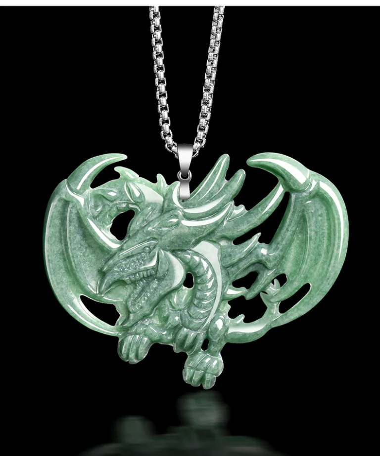 Grade A Pea Green Slifer the Sky Dragon Natural Jadeite Pendant with Steel Chain · No. 53ED