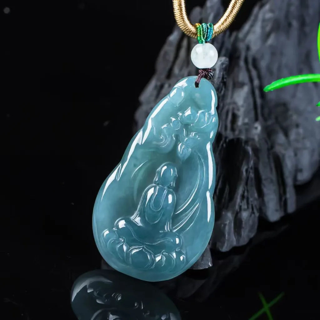 Grade A Blue Water Seated Buddha Carved Natural Jadeite Pendant · No. 7330