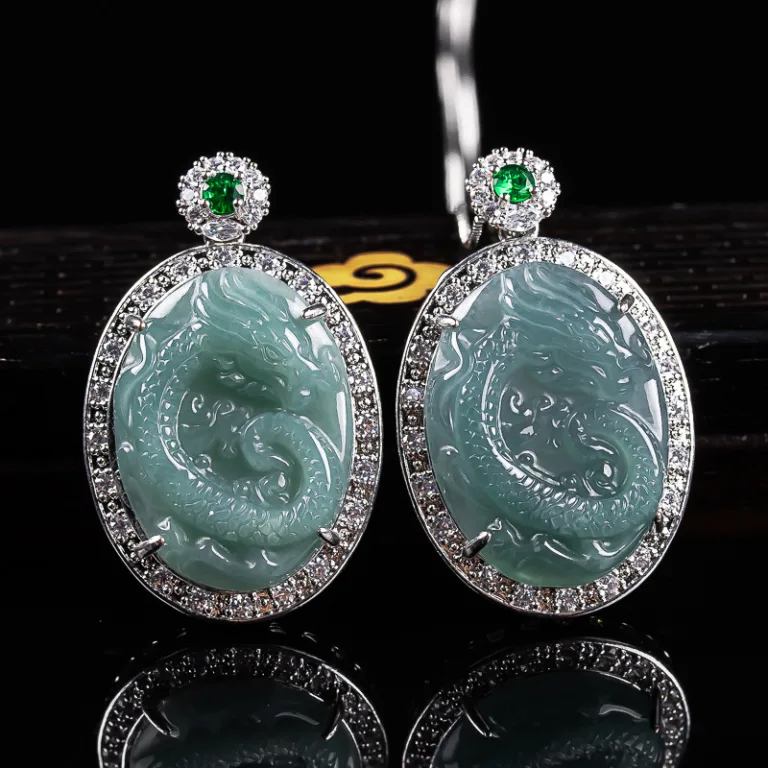 Grade A Blue Water Dragon Carved Natural Jadeite Pendant Halo Setting · No. FF2E