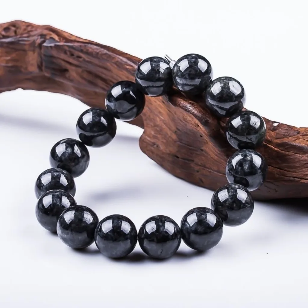 Grade A Wuji Black Natural Jadeite Bead Bracelet · No. B088BF