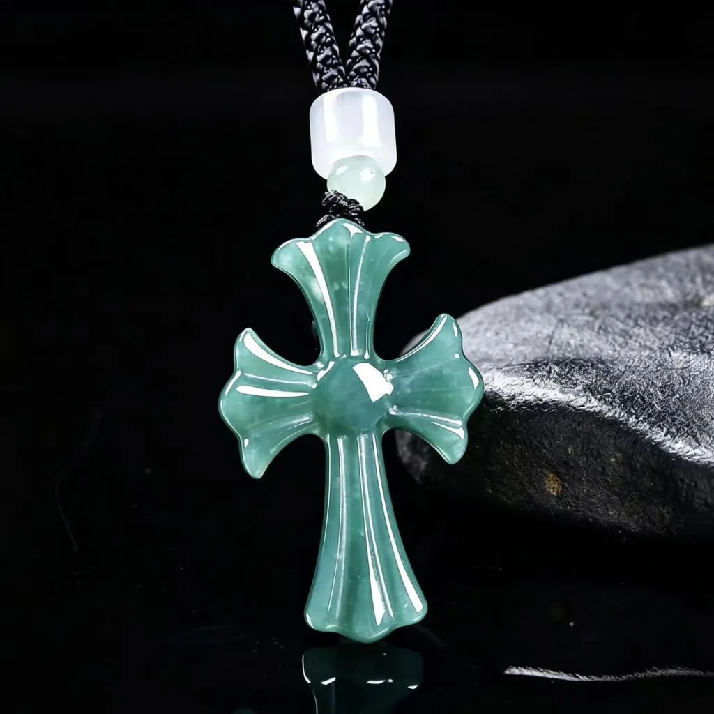 Grade A Blue Water Cross Natural Jadeite Pendant on Braided Cord · No. E289