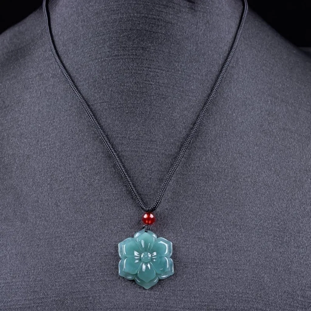 Grade A Blue Water Flower Carved Natural Jadeite Pendant · No. 2973