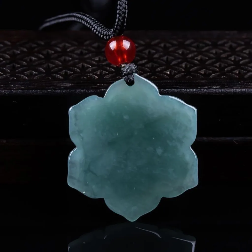 Grade A Blue Water Flower Carved Natural Jadeite Pendant · No. 2973
