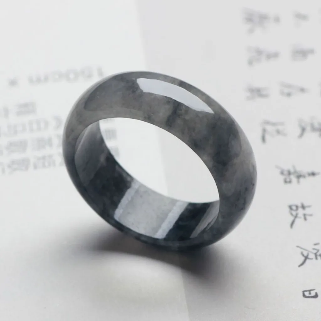 Grade A Wuji Black Natural Jadeite Band Ring · No. FDEC