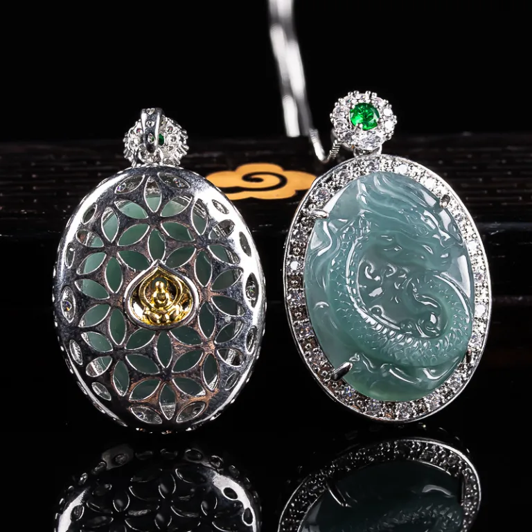 Grade A Blue Water Dragon Carved Natural Jadeite Pendant Halo Setting · No. FF2E