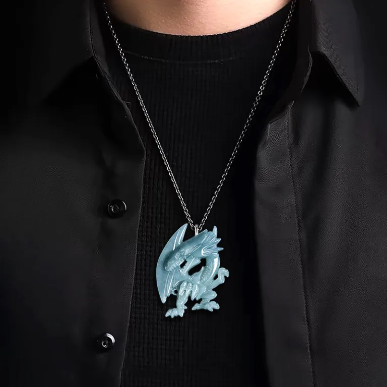 Grade A Blue Water Blue Eyes White Dragon Natural Jadeite Pendant with Steel Chain · No. 583E