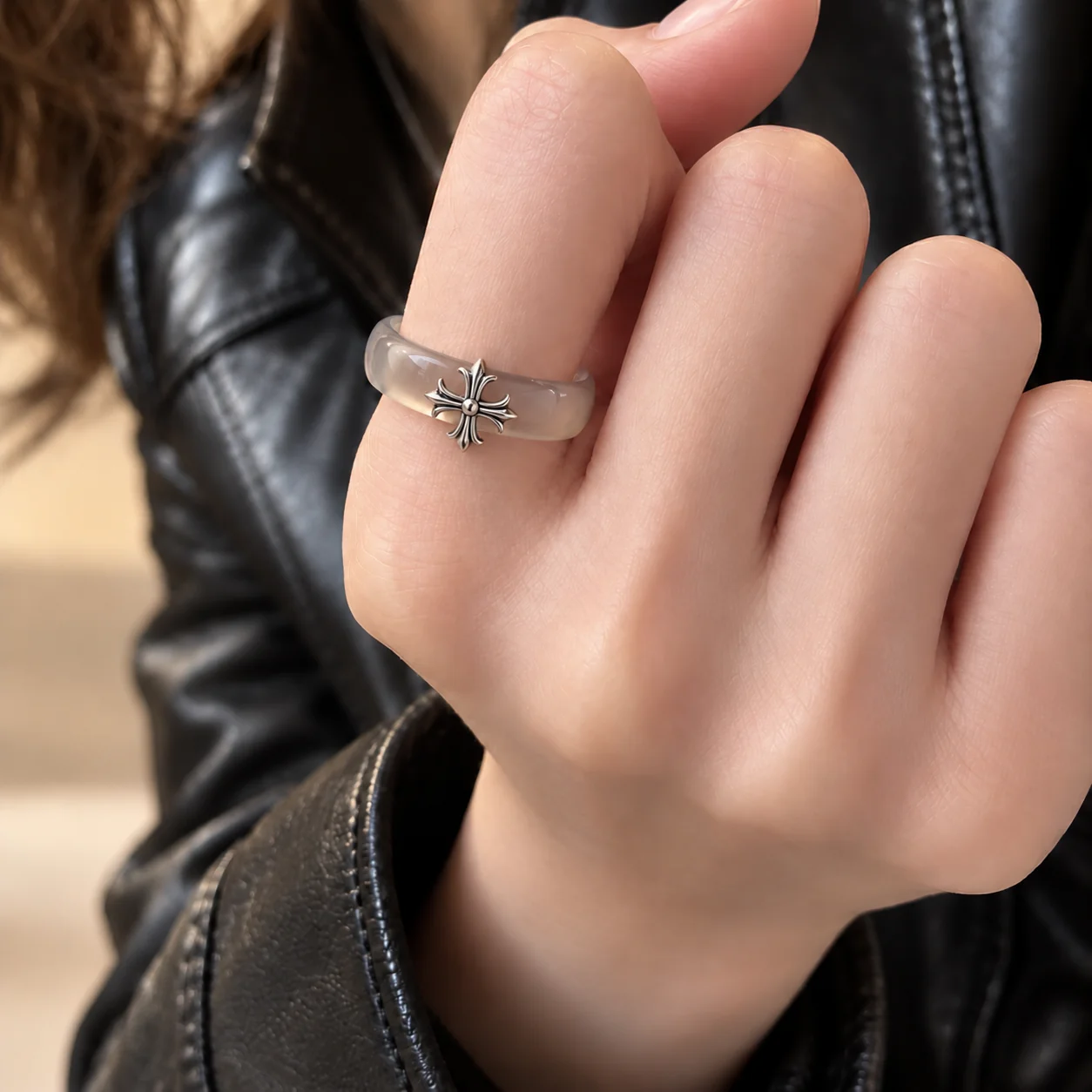 Natural Chalcedony Band Ring with Cross Charm · No. 2442