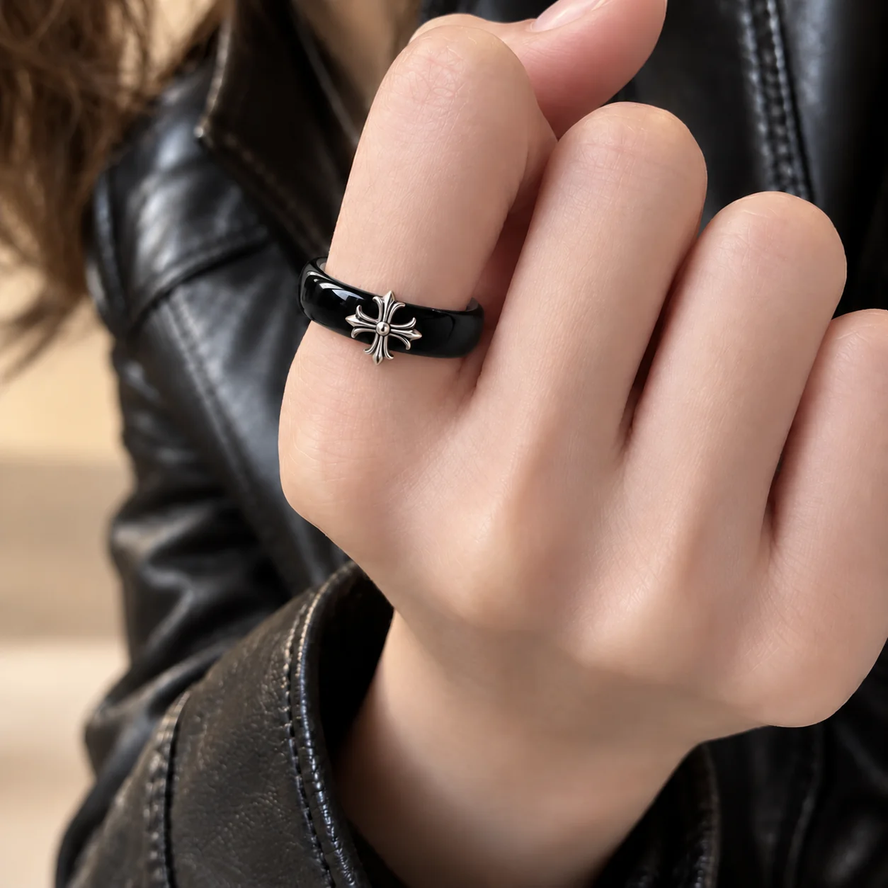 Natural Chalcedony Band Ring with Cross Charm · No. 2442