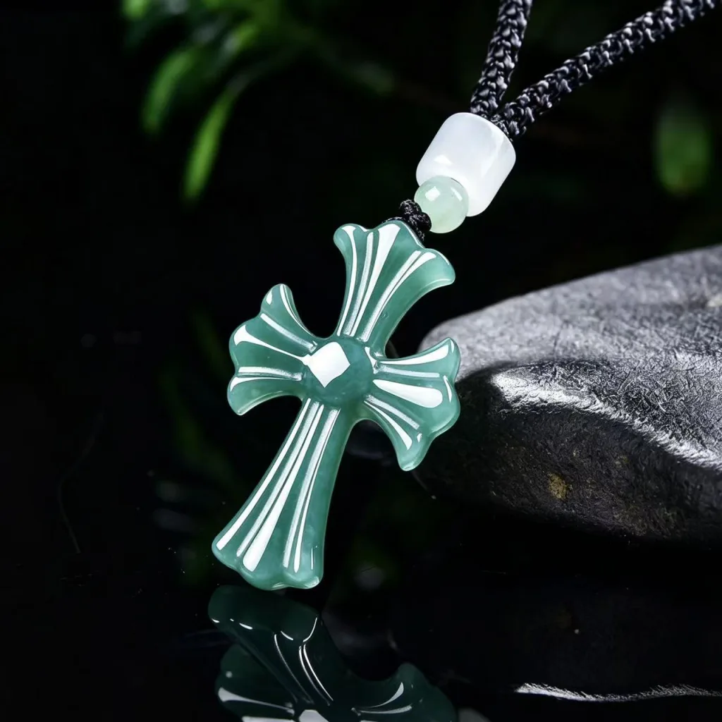 Grade A Blue Water Cross Natural Jadeite Pendant on Braided Cord · No. E289