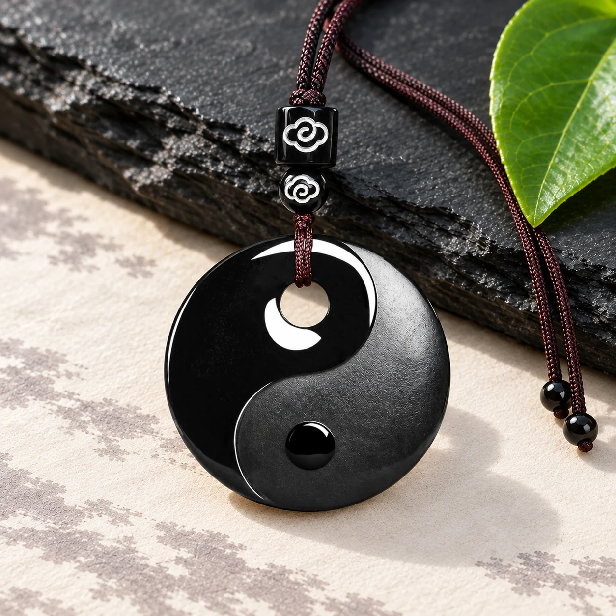Grade A Black Yin Yang Natural Jadeite Pendant on Braided Cord · No. 58D2