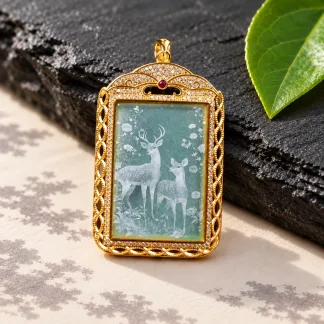 Grade A Deer Shadow Carved Natural Jadeite Plaque Pendant Gold Tone Setting · No. 212F