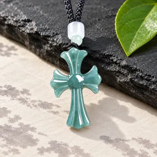 Grade A Blue Water Cross Natural Jadeite Pendant on Braided Cord · No. E289