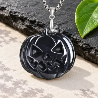 Grade A Black Halloween Pumpkin Natural Jadeite Pendant with Steel Chain · No. DAA9