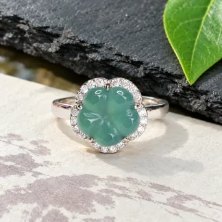 Grade A Blue Water Blossom Carving Natural Jadeite Ring S925 Silver · No. 01DB